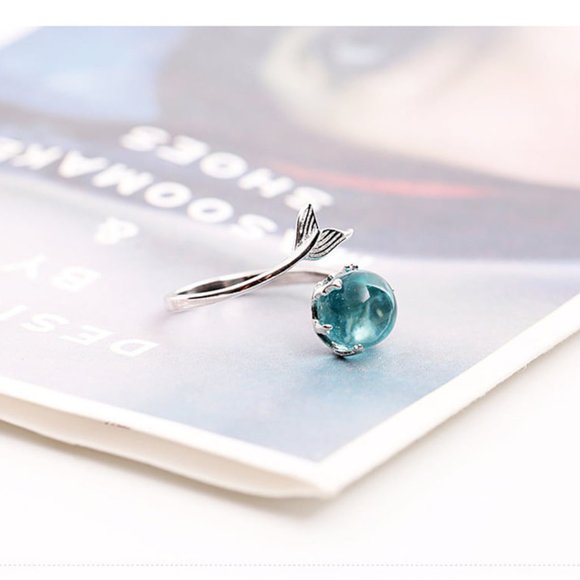 Mermaid Blue Ocean Stone Temperament Fish Tail Rings - Picture 6 of 6